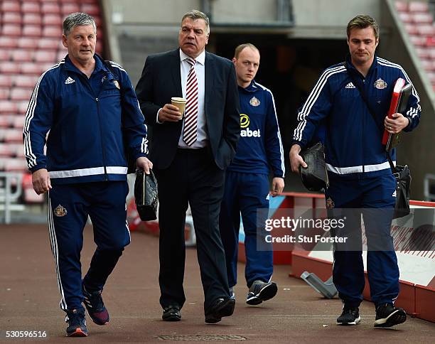 Sam Allardyce, manager of Sunderland arrives with assistant Paul Bracewell prior to the Barclays Premier League match between Sunderland and Everton...