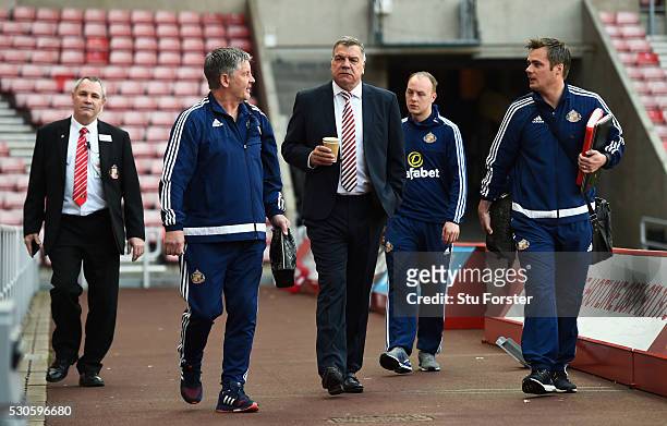 Sam Allardyce, manager of Sunderland arrives with assistant Paul Bracewell prior to the Barclays Premier League match between Sunderland and Everton...