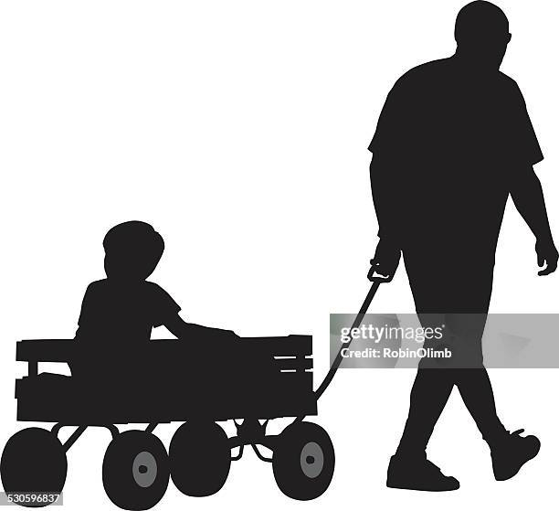 father pulling son in wagon - toy wagon stock illustrations