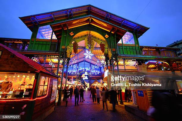 entrance to the marché de noël in switzerland - montreux stock pictures, royalty-free photos & images