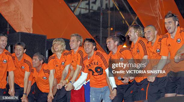 Players of Donetsk's FC Shakhtar jubilate after their victory against Odessa's Chornomorets, in Donetsk earlier 13 June 2005. AFP PHOTO/ VICTORIA...