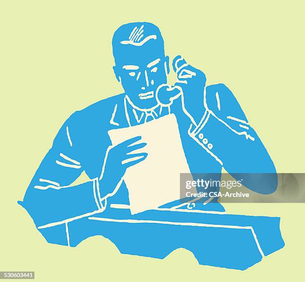 man speaking on telephone at work - man talking serious stock illustrations