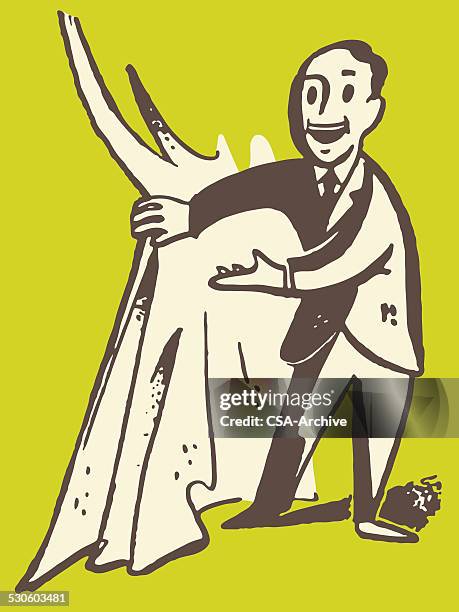 emcee pulling back stage curtains - pulling back curtain stock illustrations
