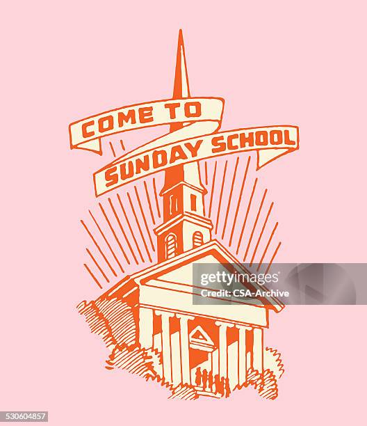 church with come to sunday school banner - chapel service stock illustrations