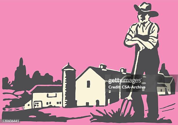 farmer ruhen auf heugabel im feld - freizeit latzhose stock-grafiken, -clipart, -cartoons und -symbole