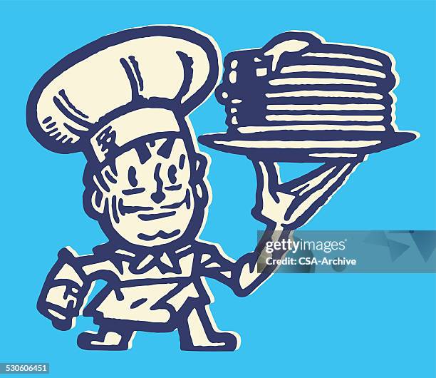 chef with plate of pancakes - pancakes stock illustrations