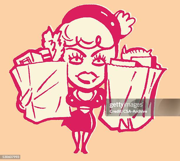 woman carrying bags of groceries - big spender stock illustrations