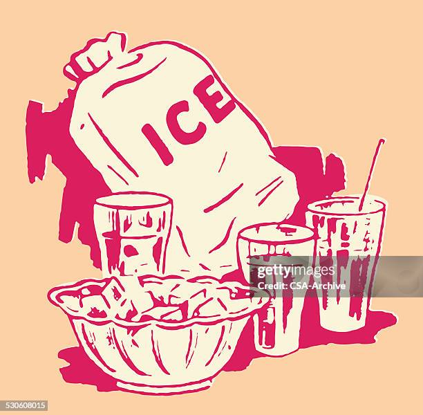 bag of ice with bowl and drinking glasses - the ice 2014 stock illustrations