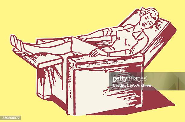 stockillustraties, clipart, cartoons en iconen met woman in recliner - sleeping woman