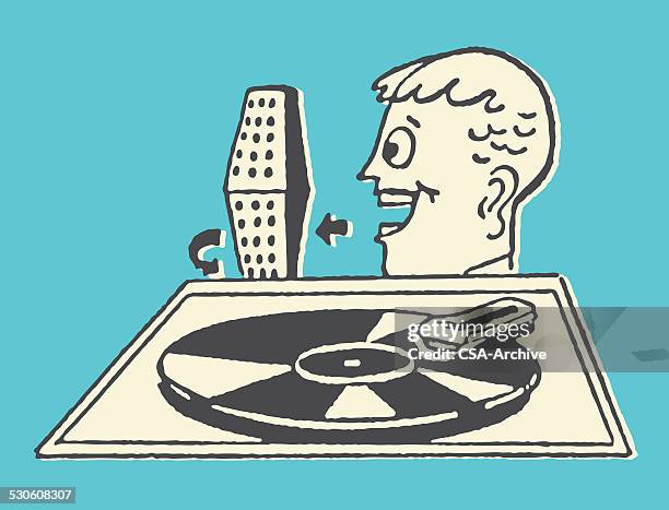 man singing into microphone while record plays - man record player stock illustrations