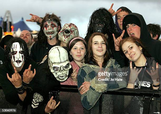 Slipknot fans in front of stage at the third and final day of this year's Download Festival on June 12, 2005 in at Donington Park, England. The...