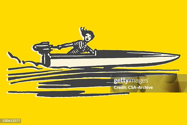 frau lenkung motorboot - motorboot stock-grafiken, -clipart, -cartoons und -symbole