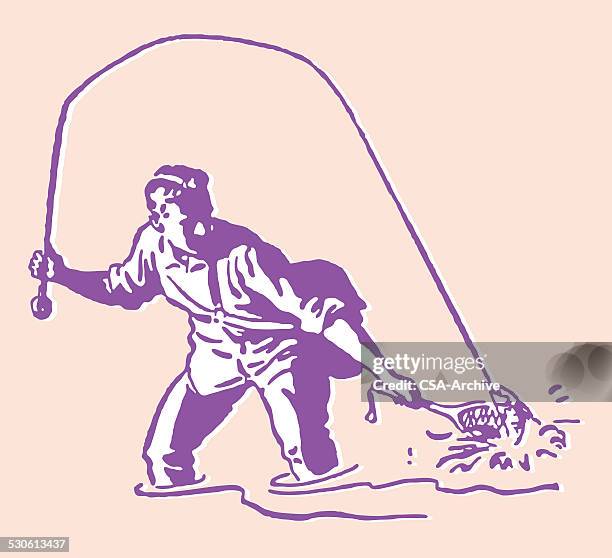 man with fish on line - fisherman stock illustrations