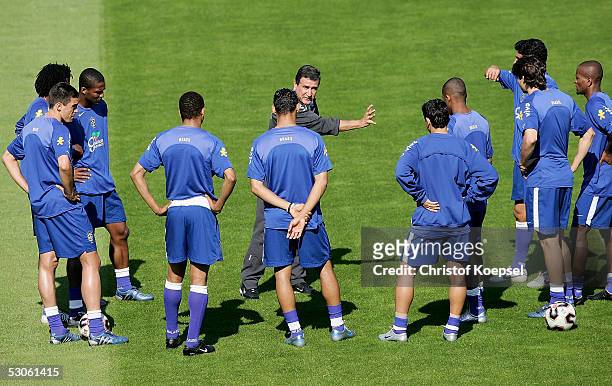Head coach Carlos Alberto Parreira speaks to the team during the Brazilian National Team training session for the FIFA Confederations Cup 2005 on...