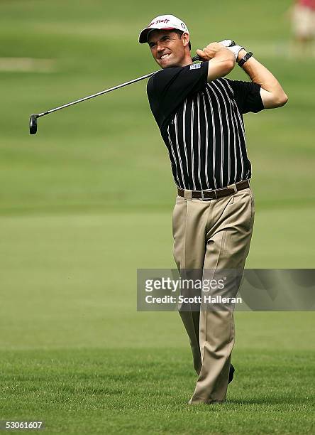 Padraig Harrington of Ireland hits a shot from the rough during practice prior to the start of the US Open on June 13, 2005 at the Pinehurst Resort...
