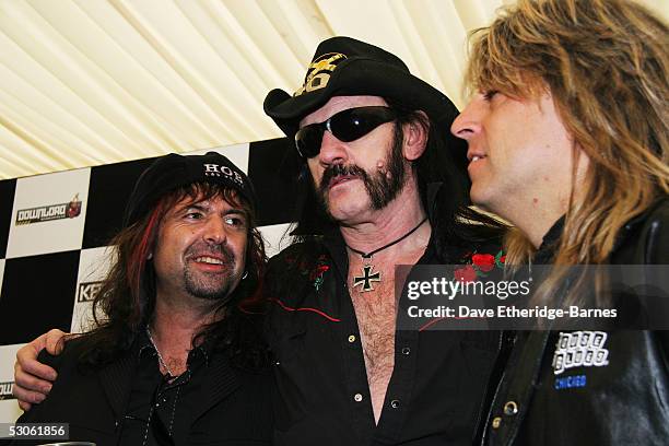 Phil Campbell, Lemmy Kilminster, and Mikkey Dee of Motorhead pose for a photocall on day three of the Download Festival on June 12, 2005 in Donington...