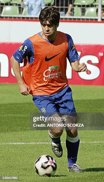 Brazil's national football team player Juninho Pernambucano kicks the ball 13 June 2005 during the afternoon training session at the Bay Arena...