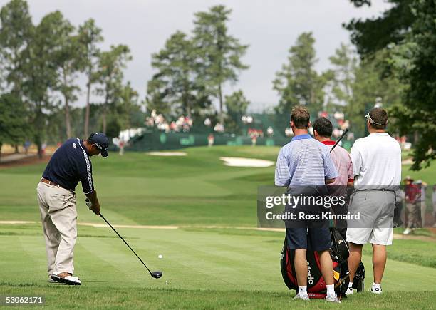 Michael Campbell of New Zealand tees off on the 12th hole during practice prior to the start of the U.S. Open on June 13, 2005 at the Pinehurst...