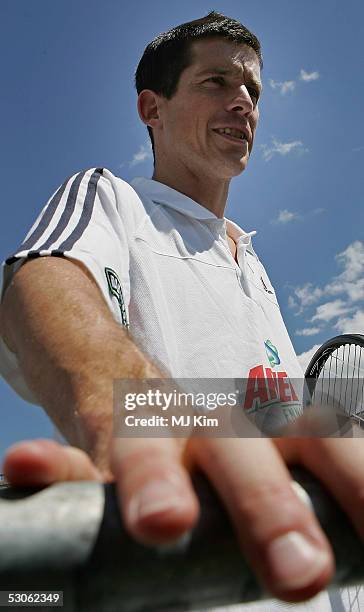 Tim Henman is interviewed at the Ariel Celebrity Tennis Match held in Trafalgar Square on June 13, 2005 in London, England