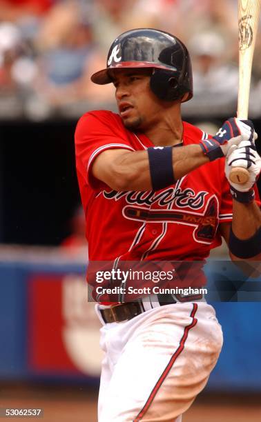 Rafael Furcal of the Atlanta Braves hits against the Oakland Athletics at Turner Field on June 12, 2005 in Atlanta, Georgia. The Athletics won the...