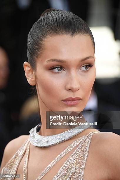 Bella Hadid attends the 'Cafe Society' premiere and the Opening Night Gala during the 69th annual Cannes Film Festival at the Palais des Festivals on...