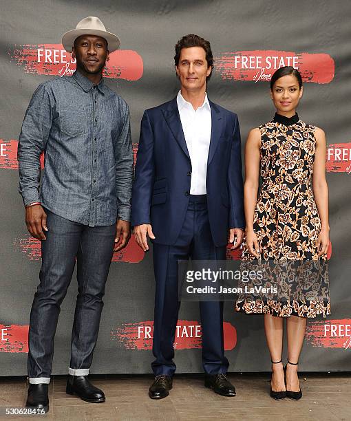 Actors Mahershala Ali, Matthew McConaughey and Gugu Mbatha-Raw attend a photo call for "Free State of Jones" at Four Seasons Hotel Los Angeles at...