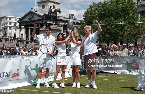 Tennis player Tim Henman, actresses Leila Rouass, Zoe Lucker and tennis player Boris Becker participate in the Ariel Celebrity Tennis Match held in...