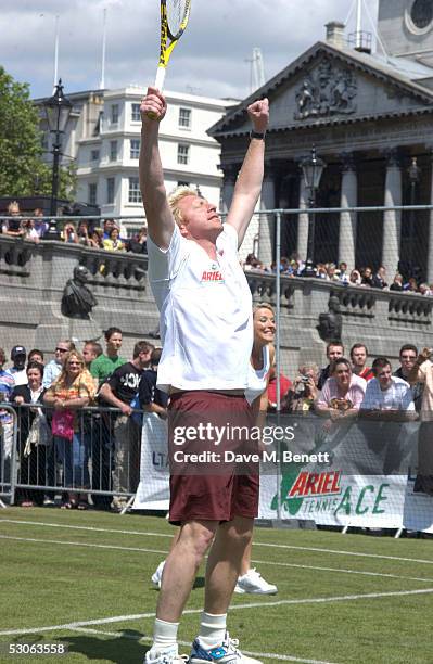 Boris Becker participates in the Ariel Celebrity Tennis Match held in Trafalgar Square June 13, 2005 in London, England.