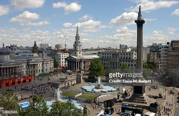 Tennis court is set up for the Ariel Celebrity Tennis Match held in Trafalgar Square June 13, 2005 in London, England.