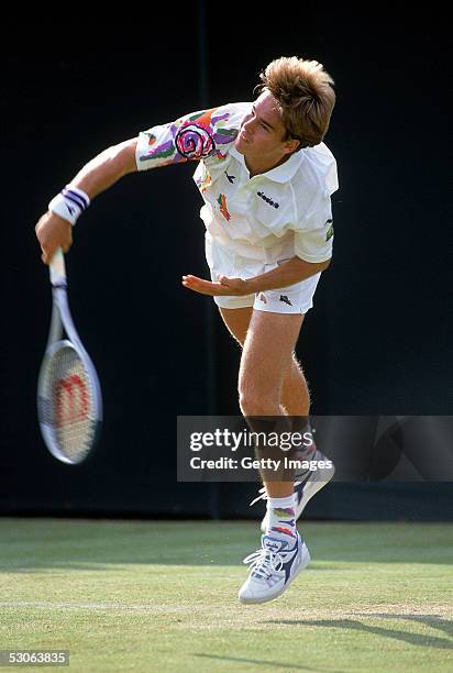 Todd Woodbridge of Australia in action during a match at the 1991 Wimbledon Tennis Championships June 29, 1991 in Wimbledon, England.