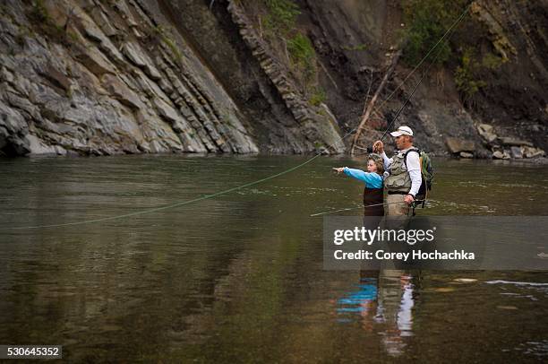 father and son fly fishing in river, nordegg, alberta, canada - waders imagens e fotografias de stock
