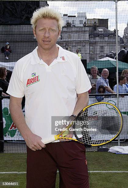 Boris Becker attends the Ariel Tennis Ace, which aimed to find Britain's next young tennis star, in Trafalgar Square on June 13, 2005 in London. It...