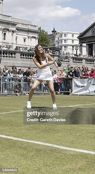 Actress Laila Rouass participates during the Ariel Tennis Ace, which aimed to find Britain's next young tennis star, in Trafalgar Square on June 13,...