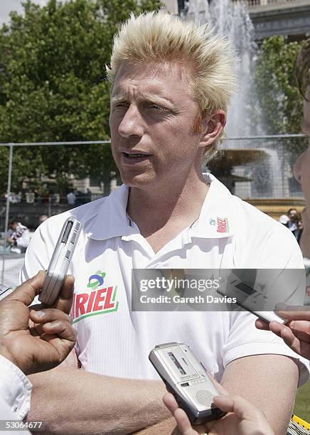 Boris Becker attends the Ariel Tennis Ace, which aimed to find Britain's next young tennis star, in Trafalgar Square on June 13, 2005 in London. It...