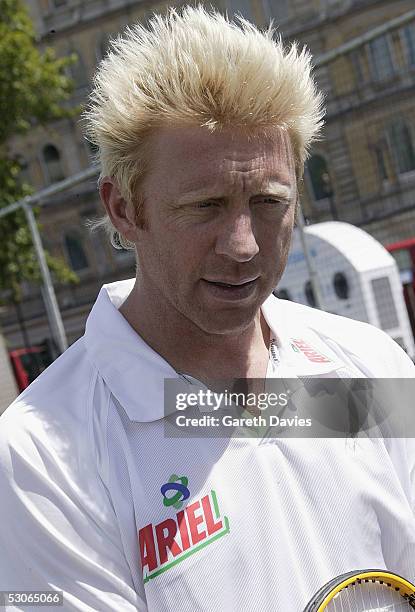 Boris Becker attends the Ariel Tennis Ace, which aimed to find Britain's next young tennis star, in Trafalgar Square on June 13, 2005 in London. It...