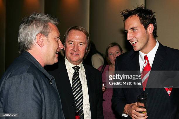 Ian 'Dicko' Dickson, Glen Wheatley and Sydney Swans player Tadhg Kennelly chat at the "Big Night Out Cocktail Party" to promote the upcoming Sydney...