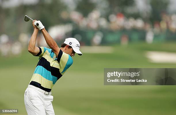 Adam Scott of Australia hits a tee shot during practice prior to the start of the U.S. Open at Pinehurst Resort June 14, 2005 in Pinehurst, North...