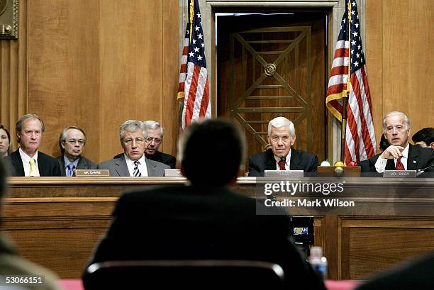 Sen. Lincoln Chafee , Sen. Chuck Hagel , Chairman Sen. Richard Lugar and Sen Joseph Biden listen to testimony from Joseph R. Detrani, Special Envoy...