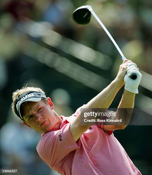 Luke Donald of England tees off on the par four 13th hole during practice prior to the start of the U.S. Open at Pinehurst Resort June 14, 2005 in...