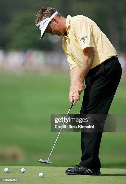 Stuart Appleby of Australia putts on the par four 12th hole during practice prior to the start of the U.S. Open at Pinehurst Resort June 14, 2005 in...