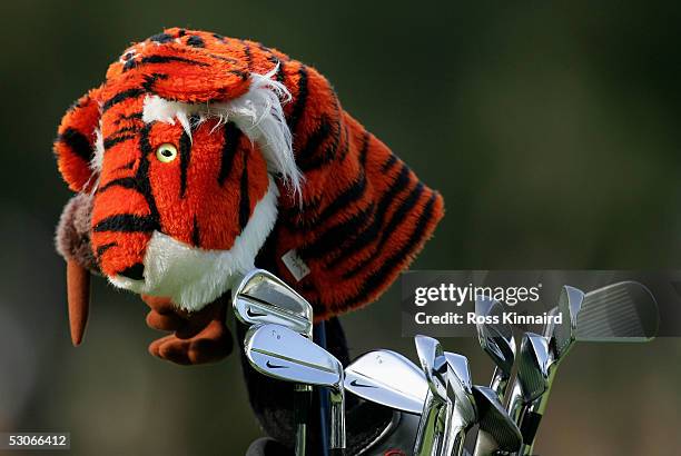 Tiger Woods' head cover rests on his bag as he tees off on the par five 10th hole during practice prior to the start of the U.S. Open at Pinehurst...