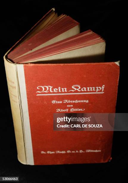 London, UNITED KINGDOM: A signed copy of a first edition of Adolf Hitler's book Mein Kampf goes on display at Bloomsbury Auction House, London, 14...