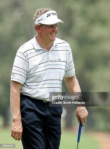 Colin Montgomerie of Scotland walks to the eighth green during practice prior to the start of the U.S. Open at the Pinehurst Resort on June 14, 2005...