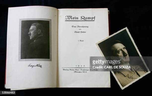 London, UNITED KINGDOM: A signed copy of a first edition of Adolf Hitler's book Mein Kampf goes on display at Bloomsbury Auction House, London, 14...
