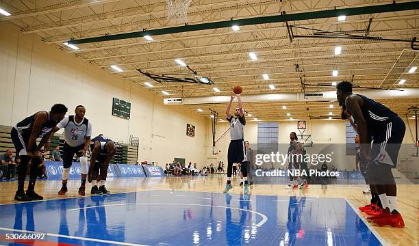 Jordan Bachynski shoots the ball during the NBA Development League seventh annual Elite Mini Camp May 9, 2016 at the Quest Multisport gym in Chicago,...