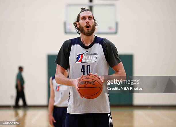 Jordan Bachynski shoots the ball during the NBA Development League seventh annual Elite Mini Camp May 9, 2016 at the Quest Multisport gym in Chicago,...