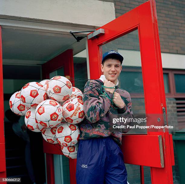 Manchester United footballer Lee Sharpe at the Cliff training ground in Manchester, circa 1989.