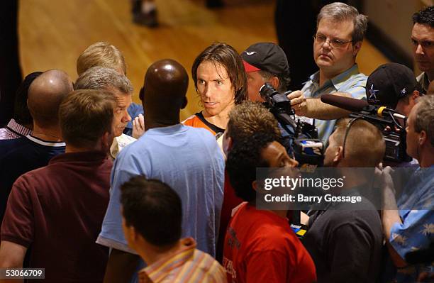 Steve Nash of the Phoenix Suns talks with the press, after Nash was awarded the Maurice Podoloff Trophy for being the NBA's Most Valuable Player...