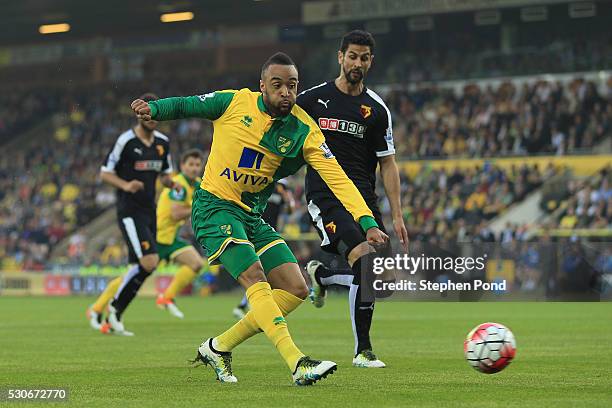 Nathan Redmond of Norwich City scores his team's opening goal during the Barclays Premier League match between Norwich City and Watford at Carrow...