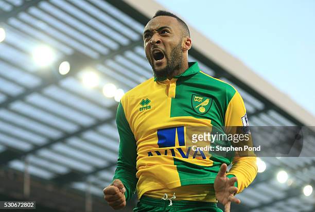 Nathan Redmond of Norwich City celebrates scoring his team's opening goal during the Barclays Premier League match between Norwich City and Watford...